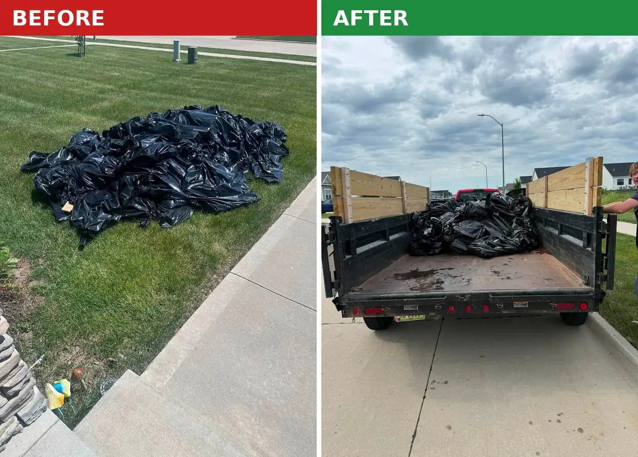 Before and after: a pile of bagged junk on a lawn, then the same load in the dump trailer